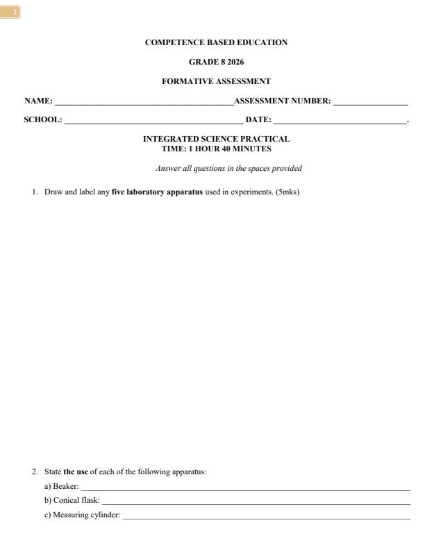 Page 1 – Grade 8 Integrated Science Practical April 2026 Holiday Assignment – Kenyaplex
