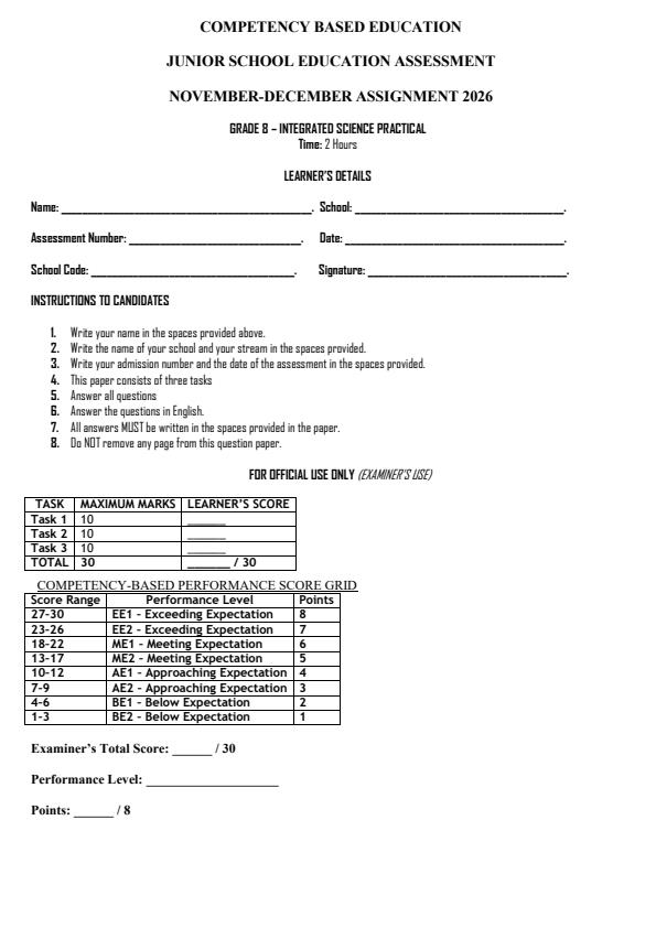 Page 1 – Grade 8 Integrated Science Practical December 2026 Holiday Assignment – Kenyaplex