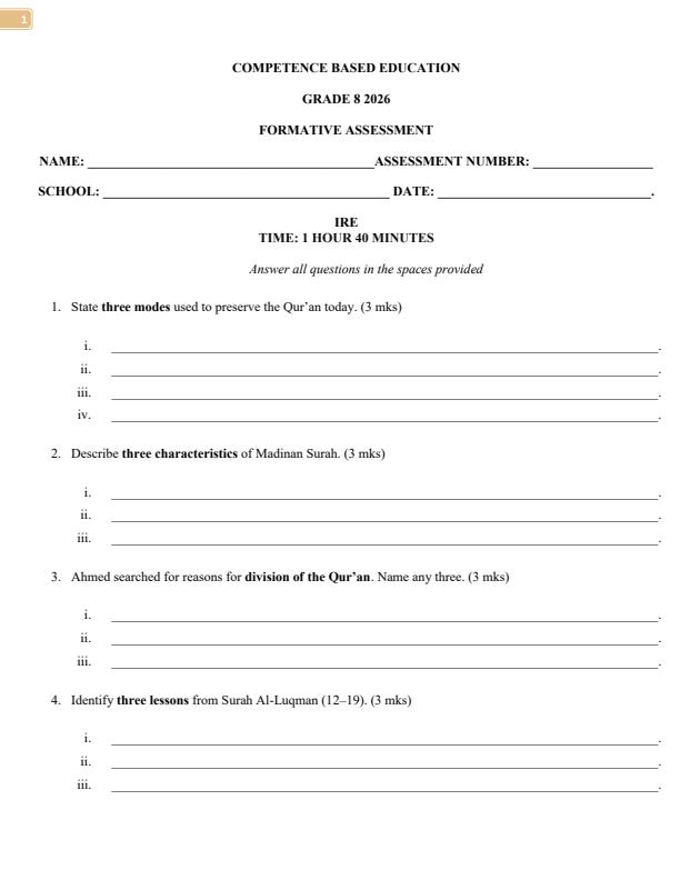 Page 1 – Grade 8 Islamic Religious Education April 2026 Holiday Assignment – Kenyaplex