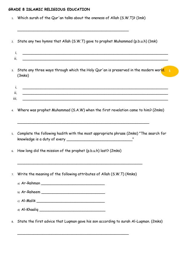 Page 1 – Grade 8 Islamic Religious Education August 2026 Holiday Assignment – Kenyaplex