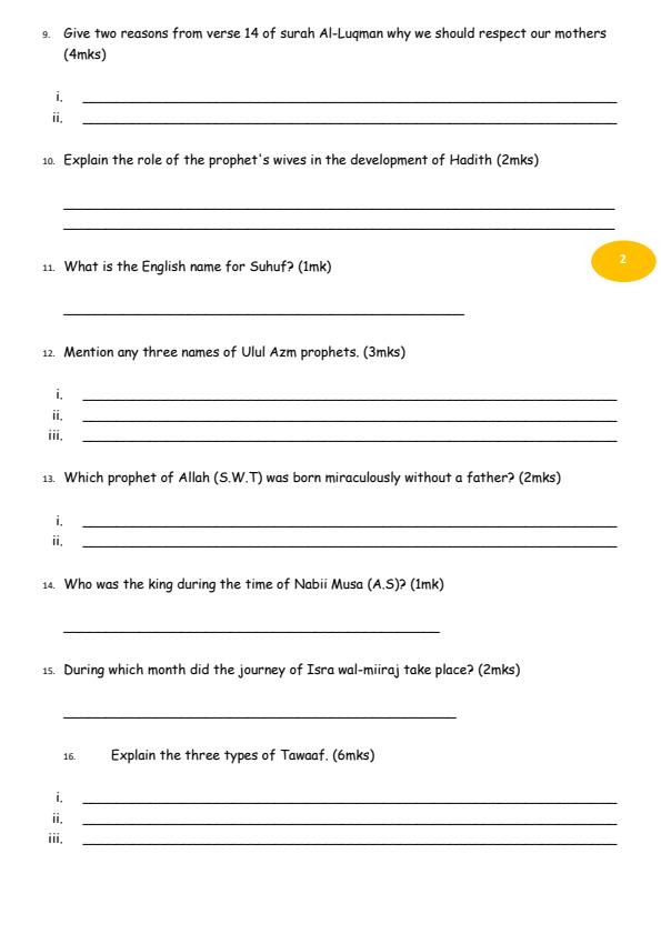 Page 2 – Grade 8 Islamic Religious Education August 2026 Holiday Assignment – Kenyaplex