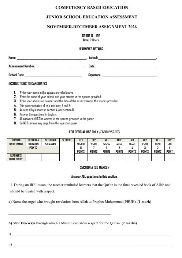 Page 1 – Grade 8 Islamic Religious Education December 2026 Holiday Assignment – Kenyaplex