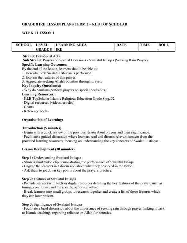 Page 1 – Grade 8 Islamic Religious Education (IRE) Lesson Plans Term 2 - KLB Top Scholar – Kenyaplex