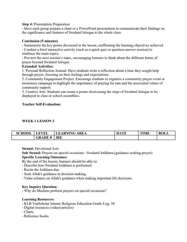 Page 2 – Grade 8 Islamic Religious Education (IRE) Lesson Plans Term 2 - KLB Top Scholar – Kenyaplex