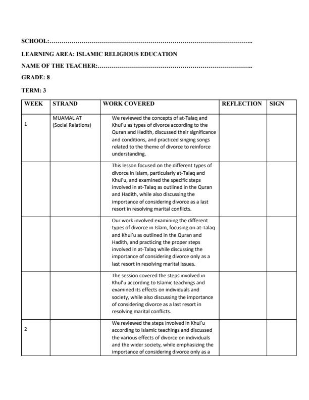Page 1 – Grade 8 Islamic Religious Education Records of Work Term 3 - Atfaal – Kenyaplex