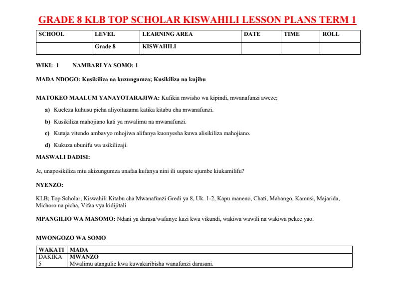 Page 1 – Grade 8 KLB  Kiswahili Lesson Plans Term 1 – Kenyaplex