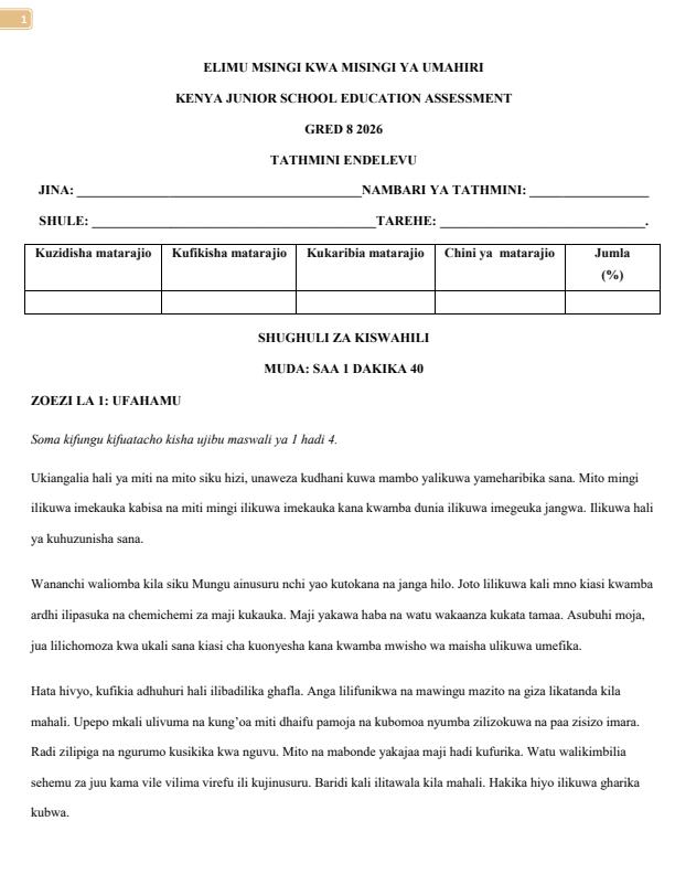 Page 1 – Grade 8 Kiswahili April 2026 Holidy Assignment – Kenyaplex