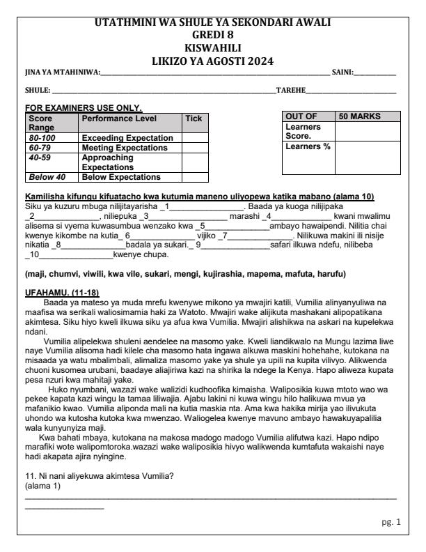 Page 1 – Grade 8 Kiswahili August 2024 Holiday Assignment – Kenyaplex