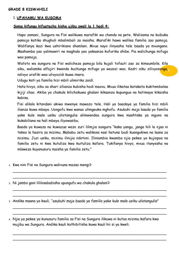 Page 1 – Grade 8 Kiswahili August 2026 Holiday Assignment – Kenyaplex