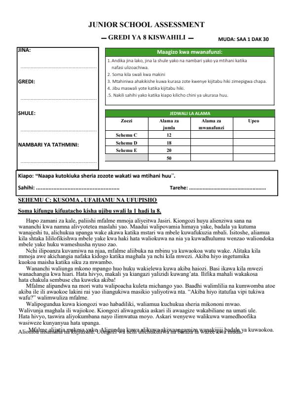 Page 1 – Grade 8 Kiswahili December 2024 Holiday Assignment – Kenyaplex