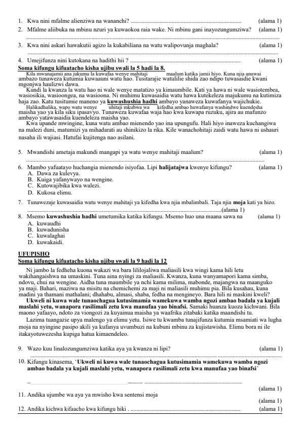 Page 2 – Grade 8 Kiswahili December 2024 Holiday Assignment – Kenyaplex