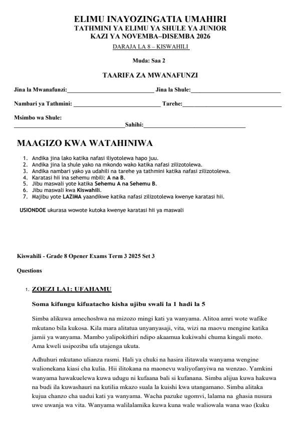 Page 1 – Grade 8 Kiswahili December 2026 Holiday Assignment 2026 – Kenyaplex