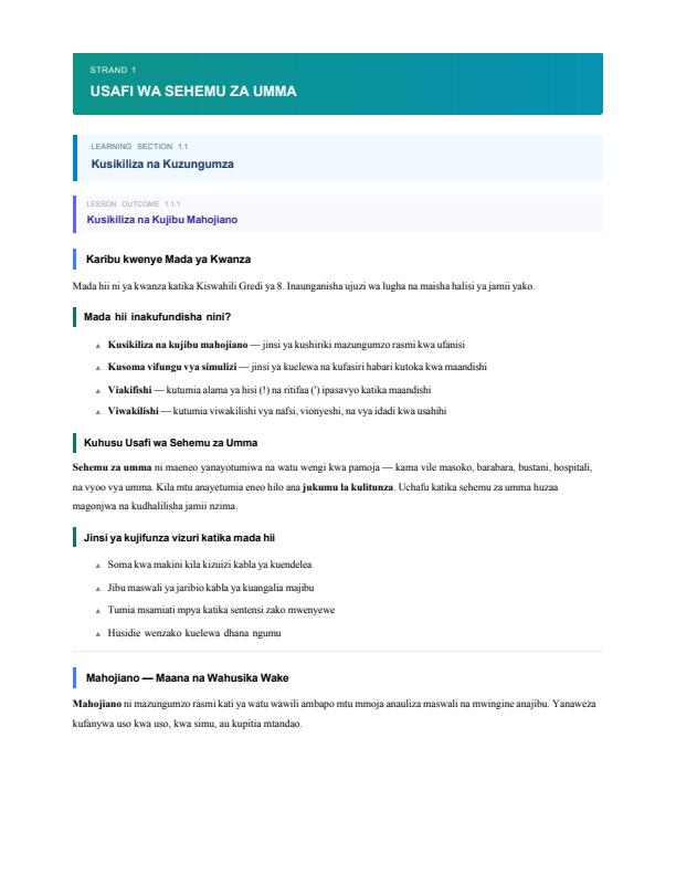Page 1 – Grade 8 Kiswahili Notes Term 1, Term 2, Term 3 (Updated)) – Kenyaplex