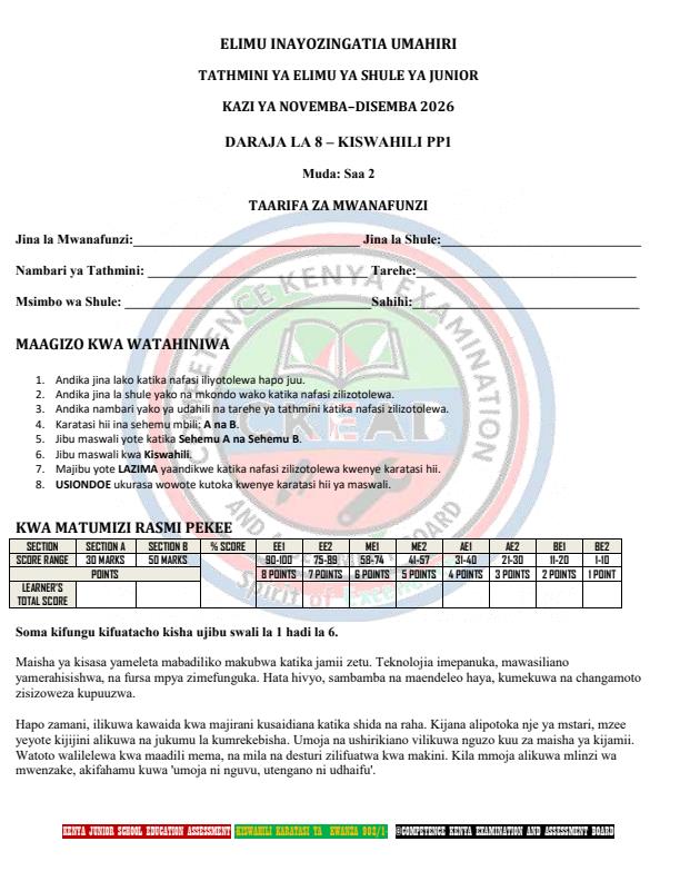 Page 1 – Grade 8 Kiswahili Paper 1 December 2026 Holiday assignment – Kenyaplex