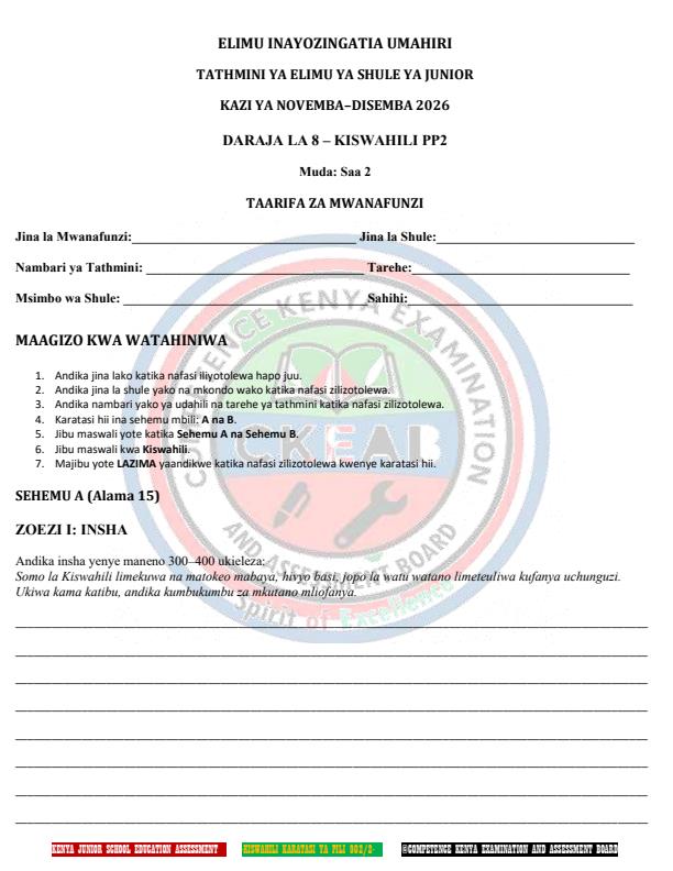 Page 1 – Grade 8 Kiswahili Paper 2 December 2026 Holiday Assignment – Kenyaplex