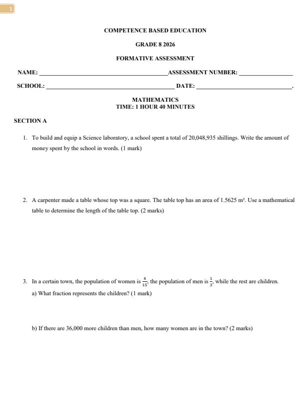 Page 1 – Grade 8 Mathematics April 2026 Holiday Assignment – Kenyaplex