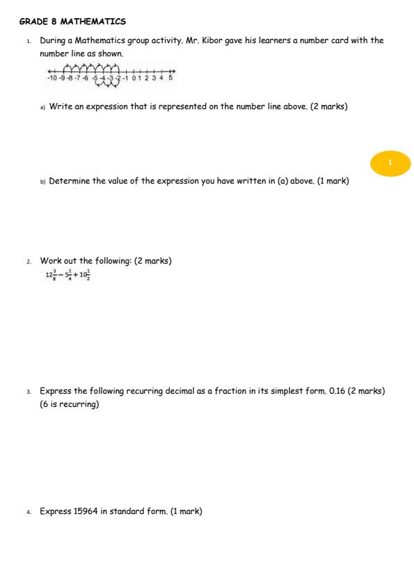 Page 1 – Grade 8 Mathematics August 2026 Holiday Assignment – Kenyaplex