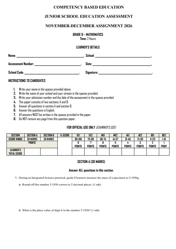 Page 1 – Grade 8 Mathematics December 2026 Holiday Assignment – Kenyaplex