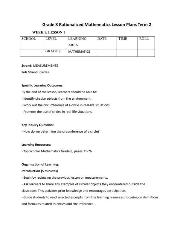 Page 1 – Grade 8 Mathematics Lesson Plans Term 2 - KLB Top Scholar – Kenyaplex