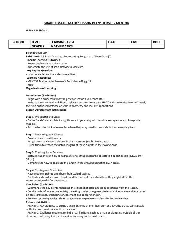 Page 1 – Grade 8 Mathematics Lesson Plans Term 3 - Mentor – Kenyaplex