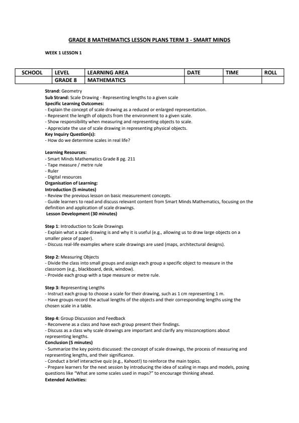 Page 1 – Grade 8 Mathematics Lesson Plans Term 3 - Smart Minds – Kenyaplex