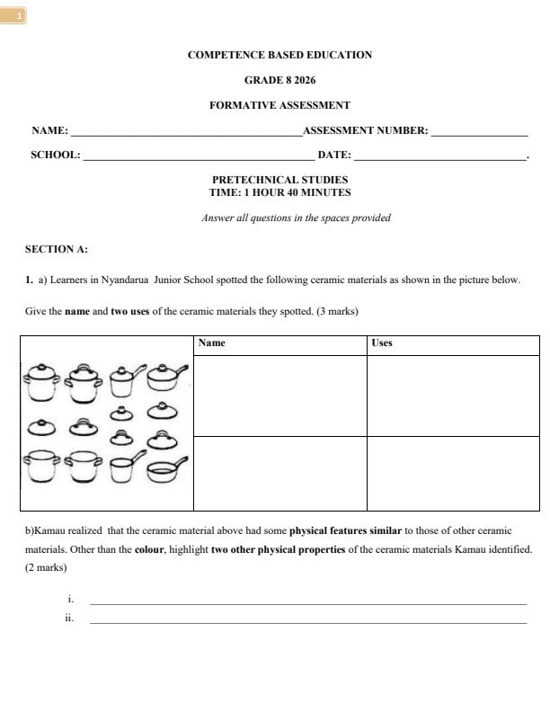 Page 1 – Grade 8 Pre - Technical Studies April 2026 Holiday Assignment – Kenyaplex