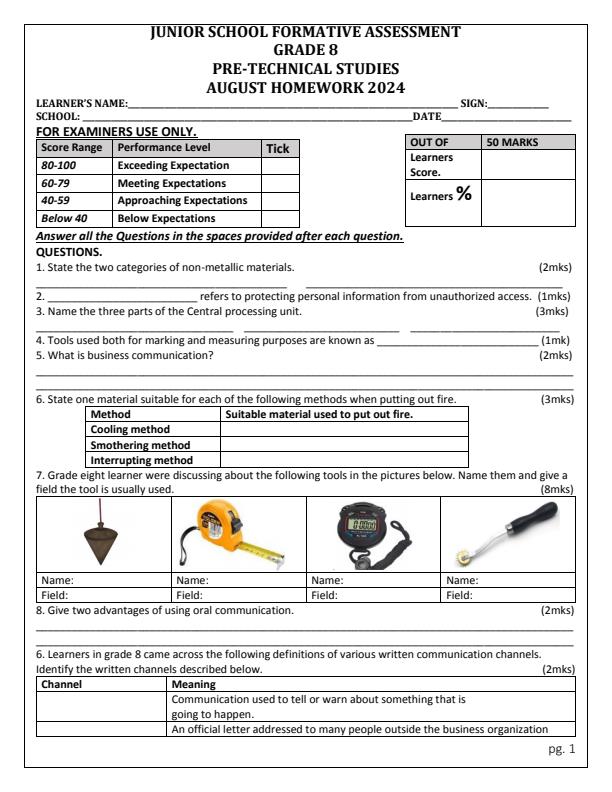 Page 1 – Grade 8 Pre Technical Studies August 2024 Holiday Assignment – Kenyaplex