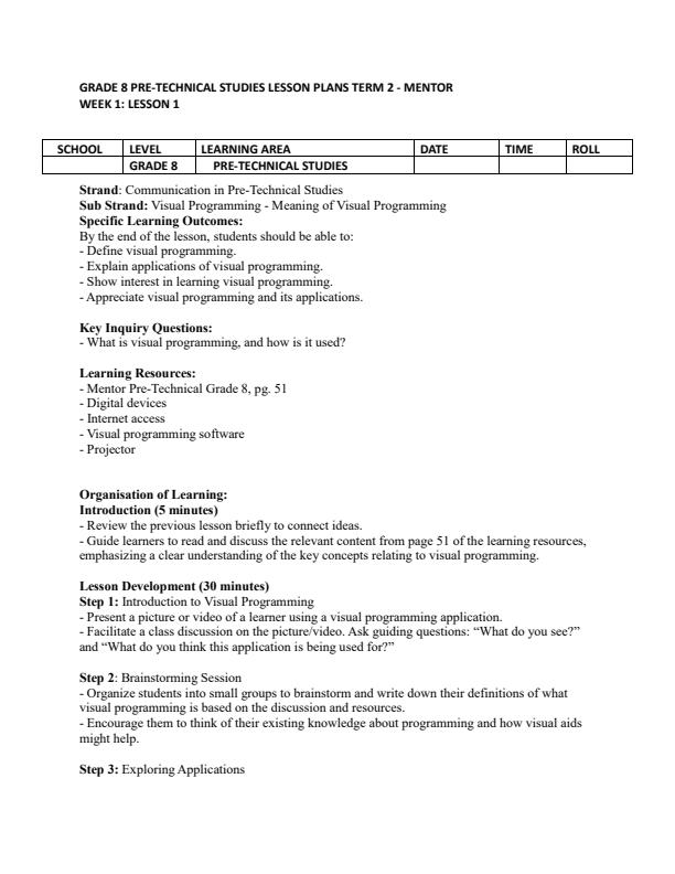 Page 1 – Grade 8 Pre-Technical Studies Lesson Plans Term 2 - Mentor – Kenyaplex