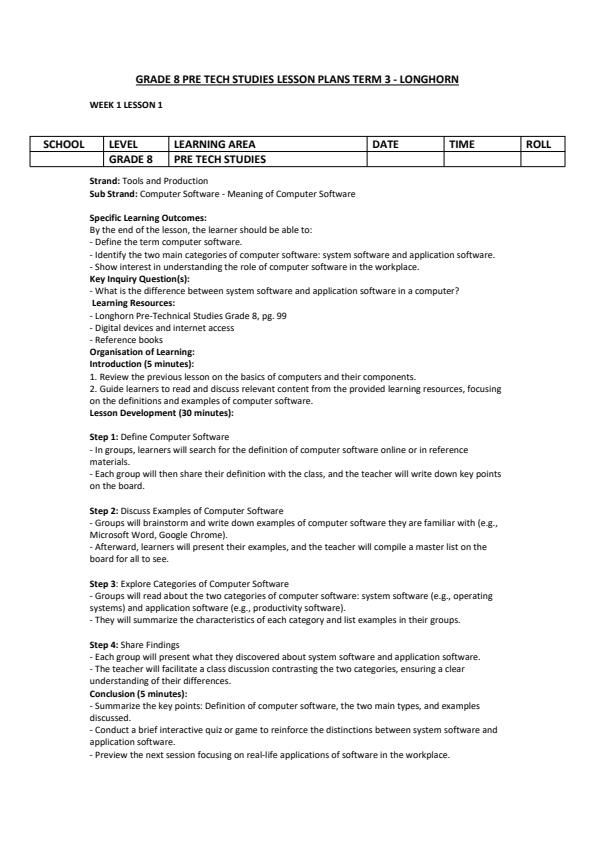 Page 1 – Grade 8 Pre Technical Studies Lesson Plans Term 3 - Longhorn – Kenyaplex