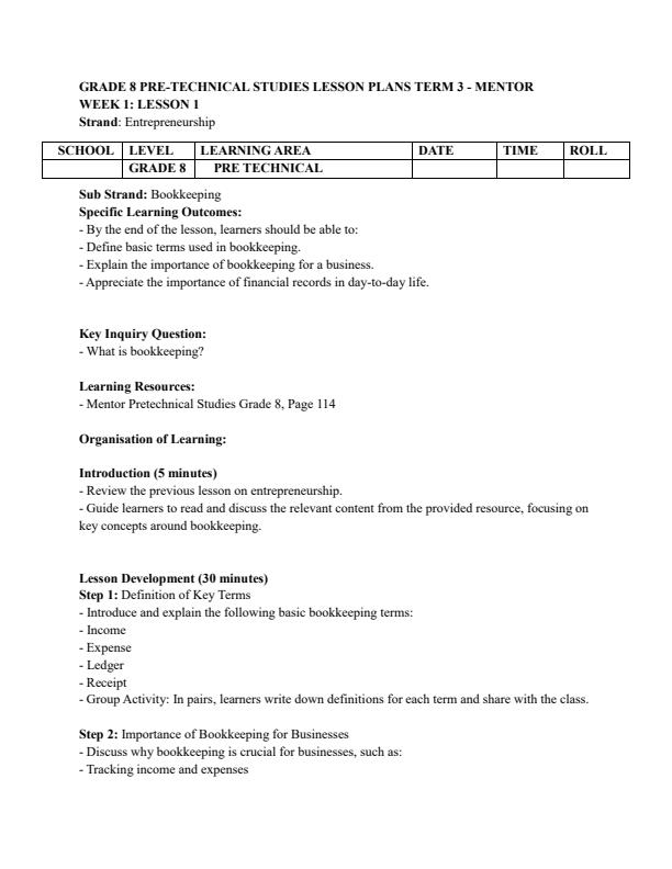 Page 1 – Grade 8 Pre-Technical Studies Lesson Plans Term 3 - Mentor – Kenyaplex