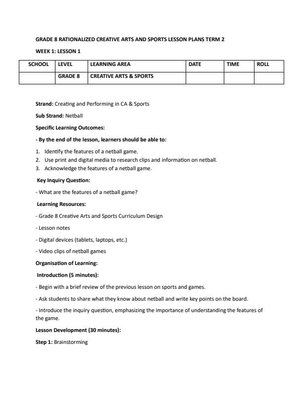 Page 1 – Grade 8 Rationalised Creative Arts and Sports Lesson Plans Term 2 – Kenyaplex