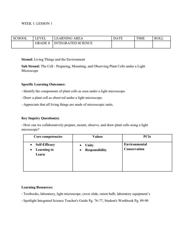 Page 1 – Grade 8 Rationalised Integrated Science Lesson Plans Term 2 – Kenyaplex