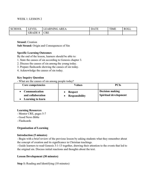 Page 3 – Grade 8 Rationalized CRE Lesson Plans Term 1 – Kenyaplex