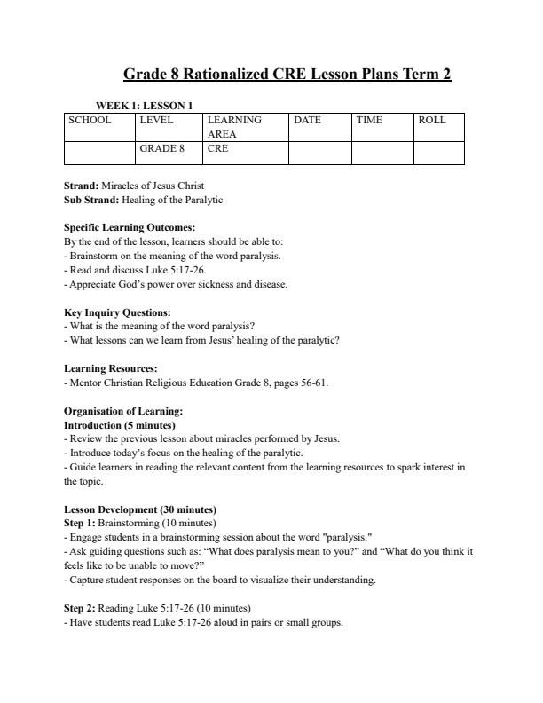 Page 1 – Grade 8 Rationalized CRE Lesson Plans Term 2 - Mentor – Kenyaplex