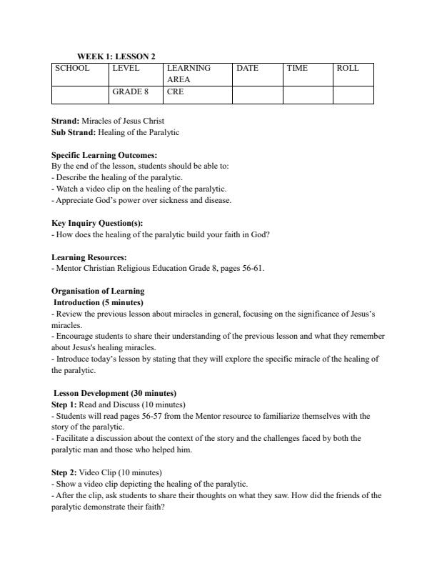 Page 3 – Grade 8 Rationalized CRE Lesson Plans Term 2 - Mentor – Kenyaplex