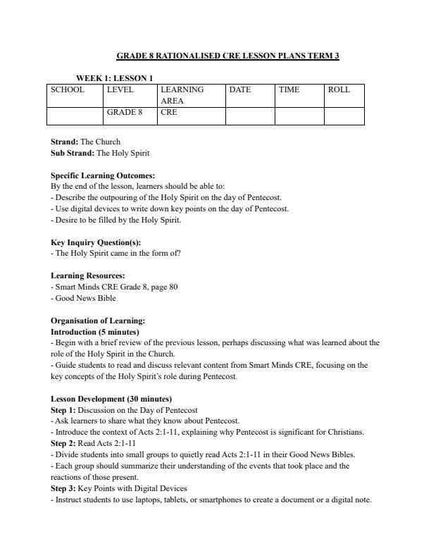 Page 1 – Grade 8 Rationalized CRE Lesson Plans Term 3 – Kenyaplex