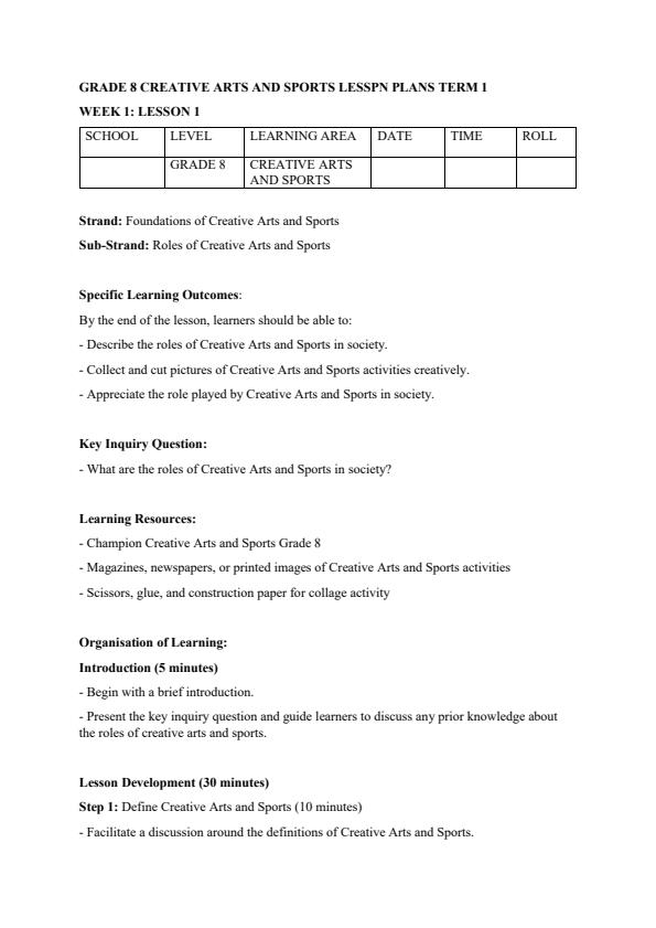 Page 1 – Grade 8 Rationalized Creative Arts and Sports Lesson Plans Term 1 - Champion Creative Arts and Sports – Kenyaplex