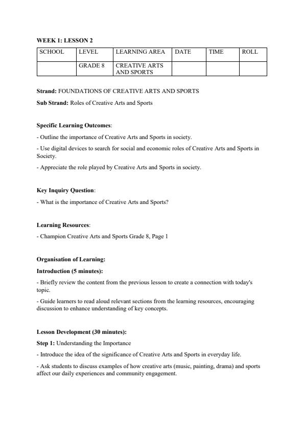 Page 3 – Grade 8 Rationalized Creative Arts and Sports Lesson Plans Term 1 - Champion Creative Arts and Sports – Kenyaplex