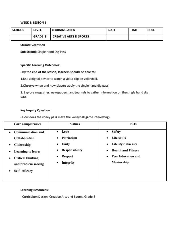 Page 1 – Grade 8 Rationalized Creative Arts and Sports Lesson Plans Term 3 – Kenyaplex