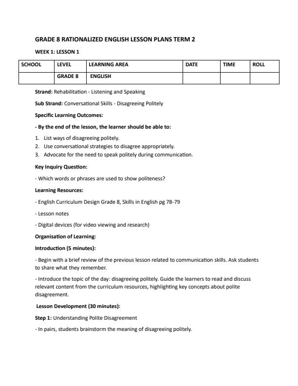 Page 1 – Grade 8 Rationalized English Lesson Plans Term 2  - Skills in English – Kenyaplex