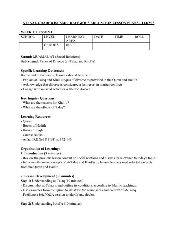 Page 1 – Grade 8 Rationalized IRE Lesson Plans Term 3 - Atfaal – Kenyaplex