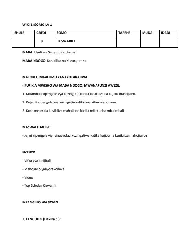 Page 1 – Grade 8 Rationalized Kiswahili Lesson Plans Term 1 – Kenyaplex