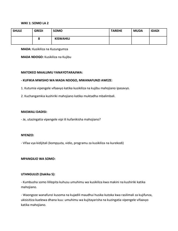 Page 4 – Grade 8 Rationalized Kiswahili Lesson Plans Term 1 – Kenyaplex