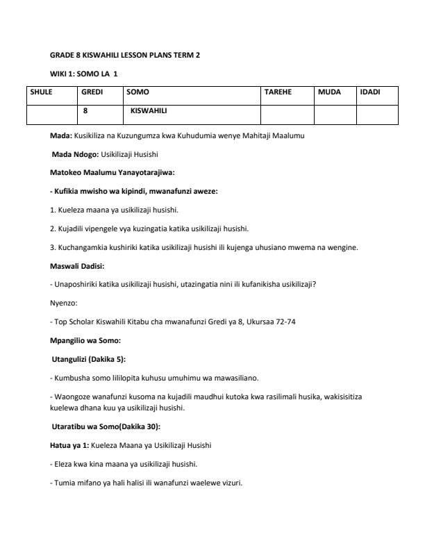 Page 1 – Grade 8 Rationalized Kiswahili Lesson Plans Term 2 - KLB Top Scholar – Kenyaplex