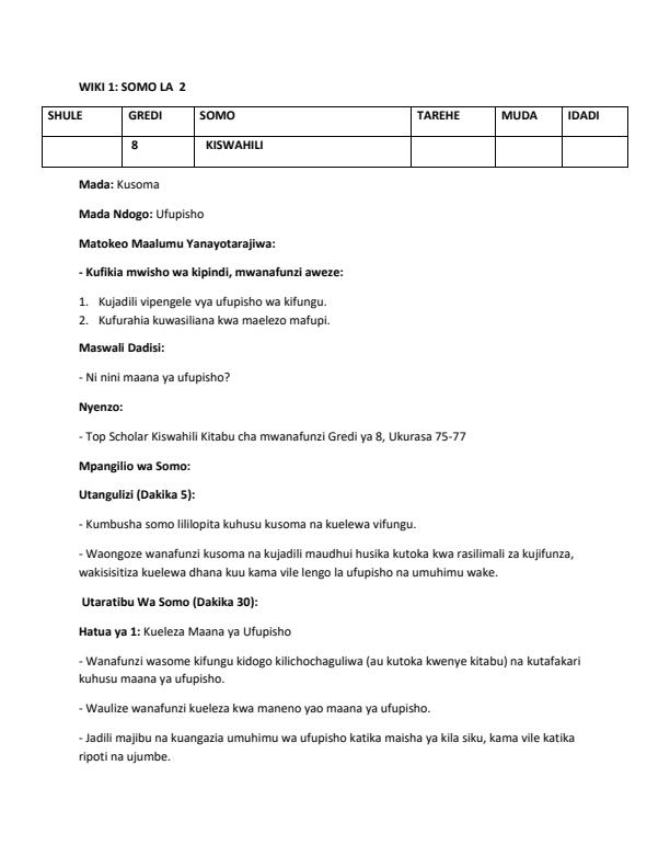 Page 4 – Grade 8 Rationalized Kiswahili Lesson Plans Term 2 - KLB Top Scholar – Kenyaplex