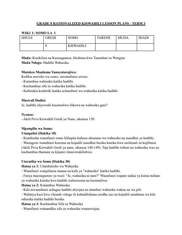 Page 1 – Grade 8 Rationalized Kiswahili Lesson Plans Term 3 - Akili Pevu – Kenyaplex