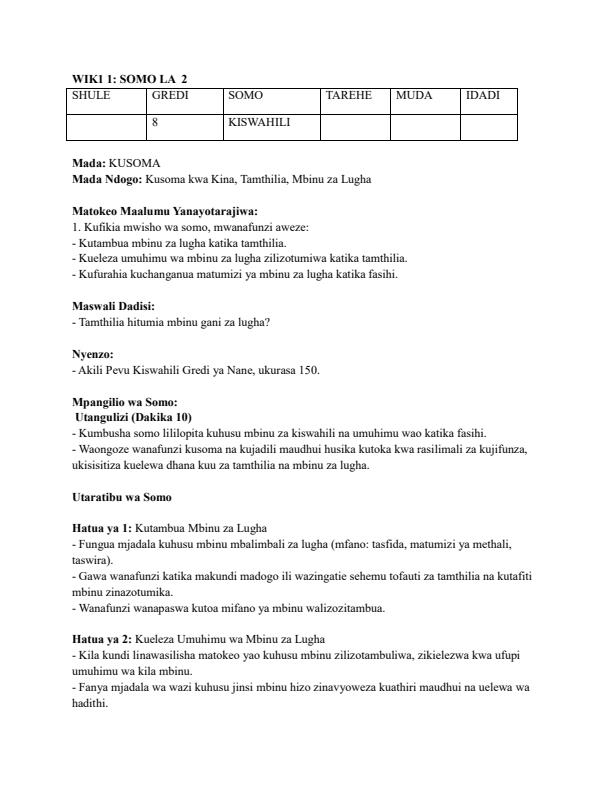 Page 3 – Grade 8 Rationalized Kiswahili Lesson Plans Term 3 - Akili Pevu – Kenyaplex