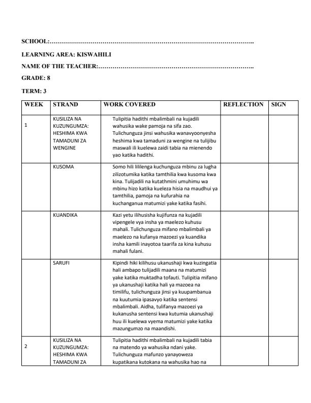 Page 1 – Grade 8 Rationalized Kiswahili Records of Work Term 3 - Akili Pevu – Kenyaplex