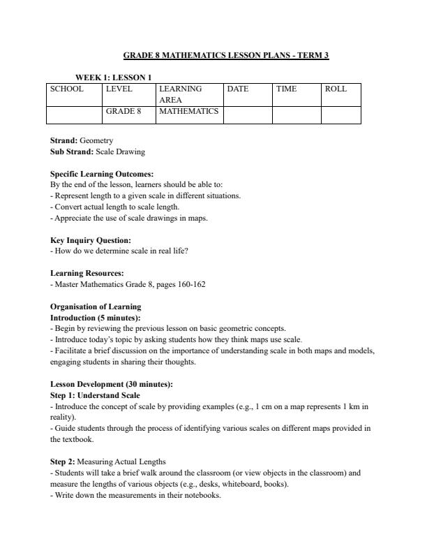Page 1 – Grade 8 Rationalized Mathematics Lesson Plans Term 3 - Master Mathematics – Kenyaplex