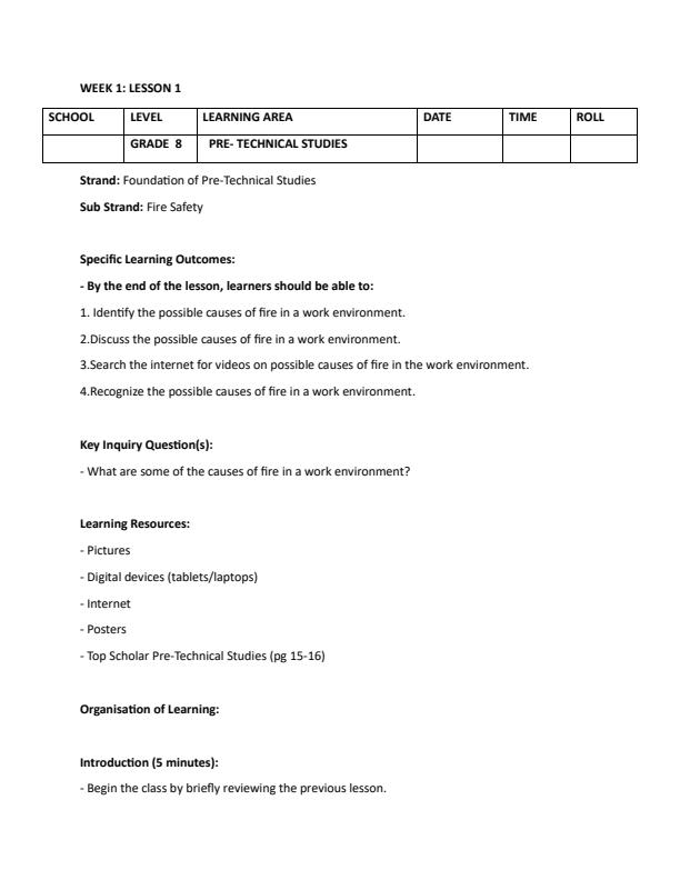 Page 1 – Grade 8 Rationalized Pre Technical Studies Lesson Plans Term 1 – Kenyaplex